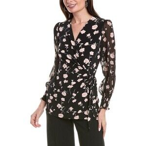 Anne Klein Women's Floral-Print Smocked Wrap Top, Black Cherry Blossom,  M